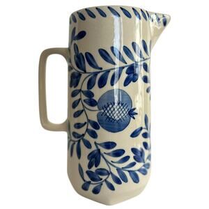 Blue & White Hand Painted Ceramic Pitcher Floral Vine Design Decorative Vase